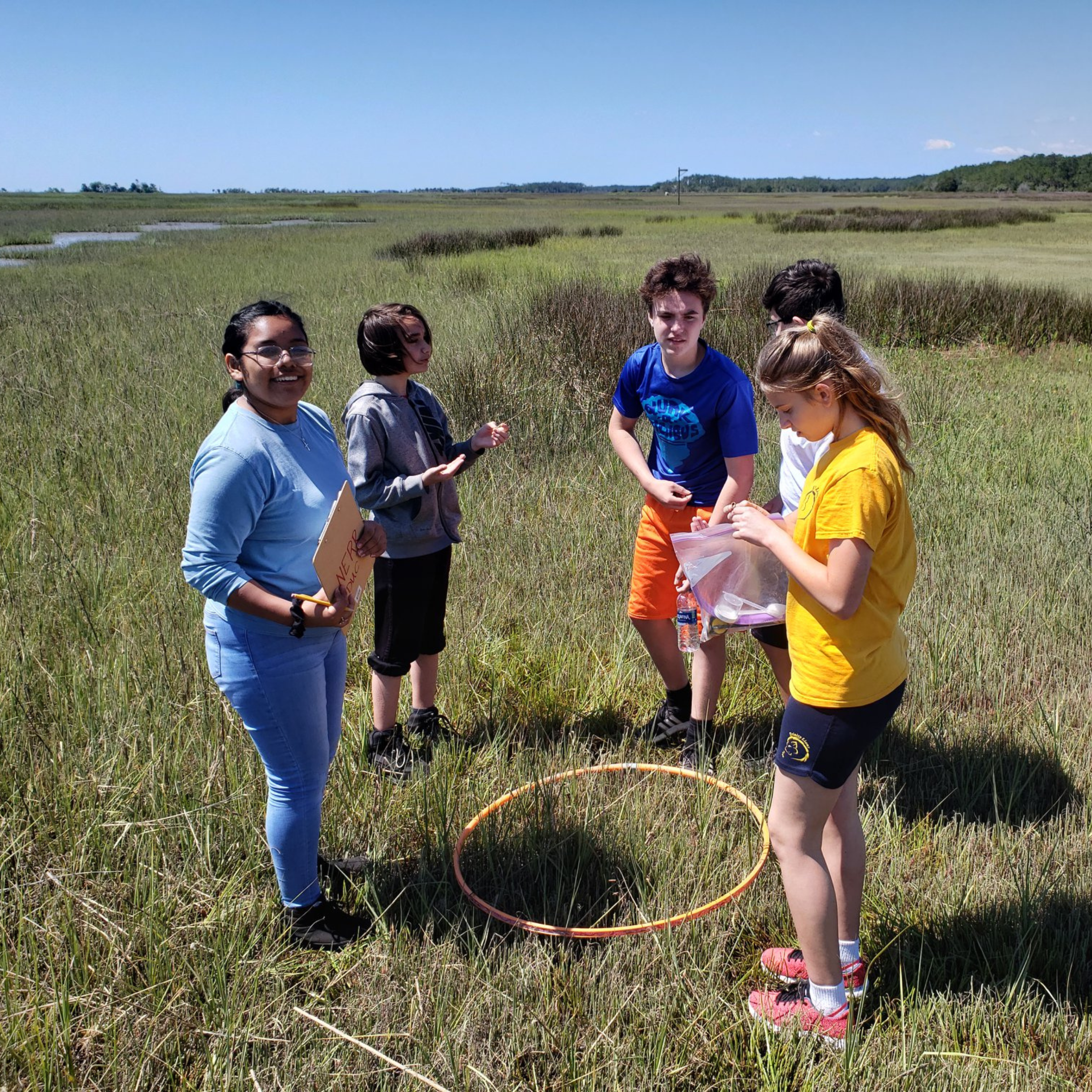 Group of students in a salt marsh collecting data for a project.